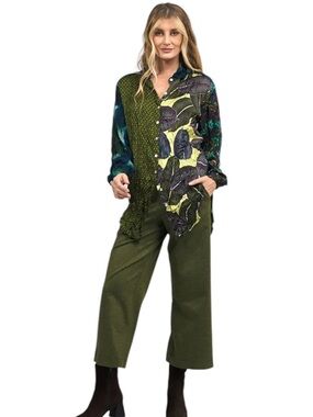 Alembika Folklore Green Crop Easy Pants Wide Leg Pull On Size 1 | US 6-8 NWT